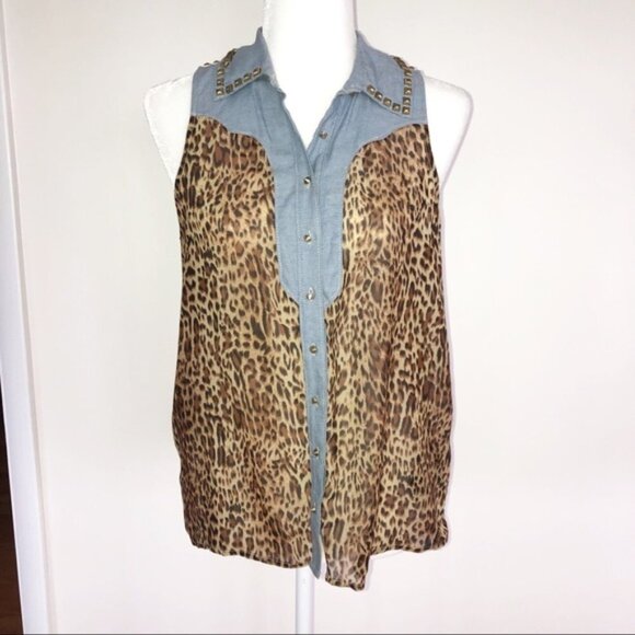 Guess Y2K Leopard Print Denim Rock Tank Shirt Womens Small indie punk - Picture 1 of 7